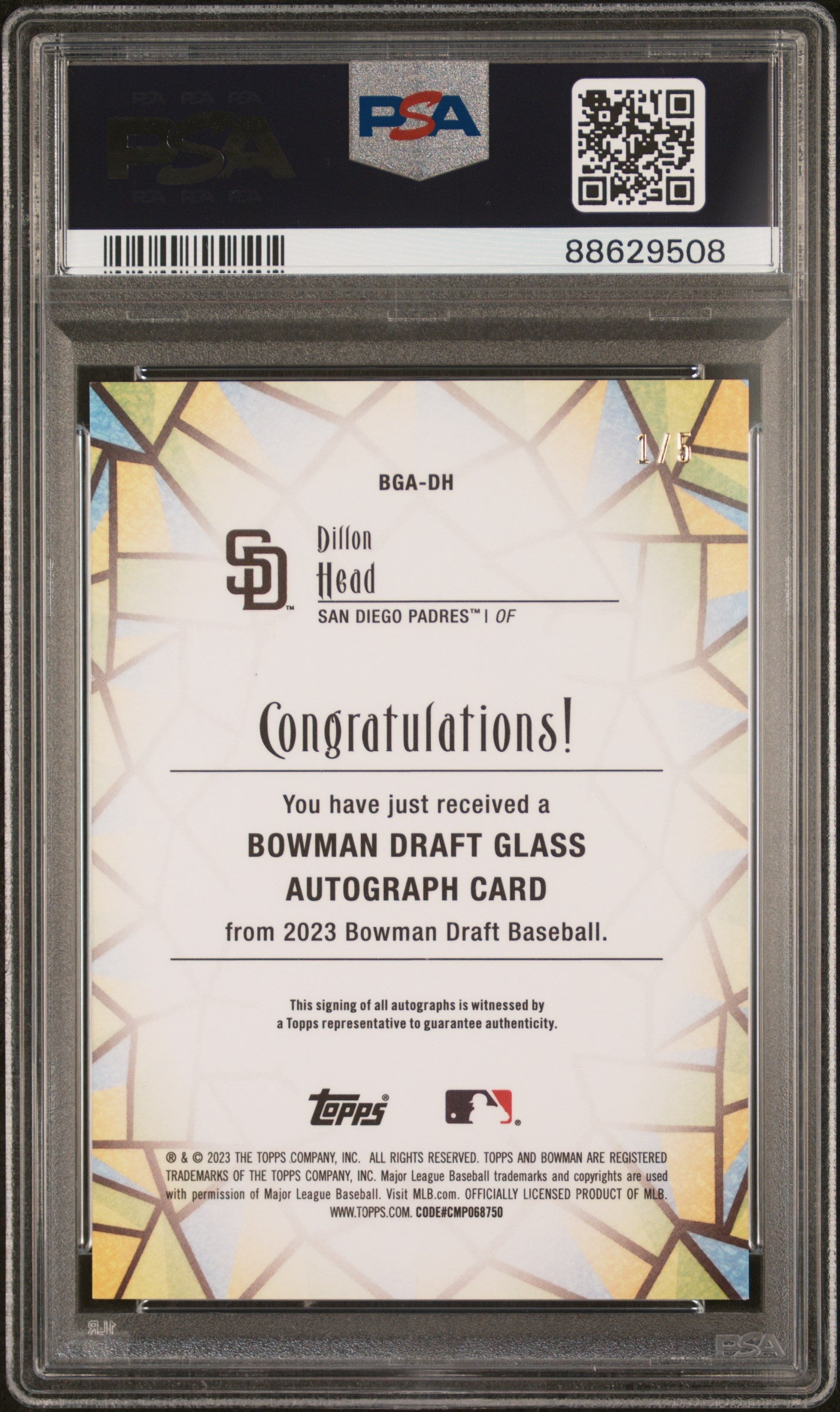 Dillon Head 2023 Bowman Draft Red Glass Auto #1/5 PSA 10 Auto 10