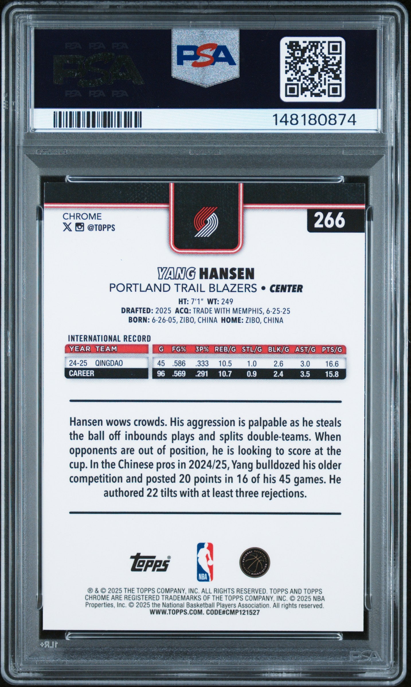 Yang Hansen 2025 Topps Chrome Rookie #266 Magenta Refractor #235/399 PSA 10 Gem Mint