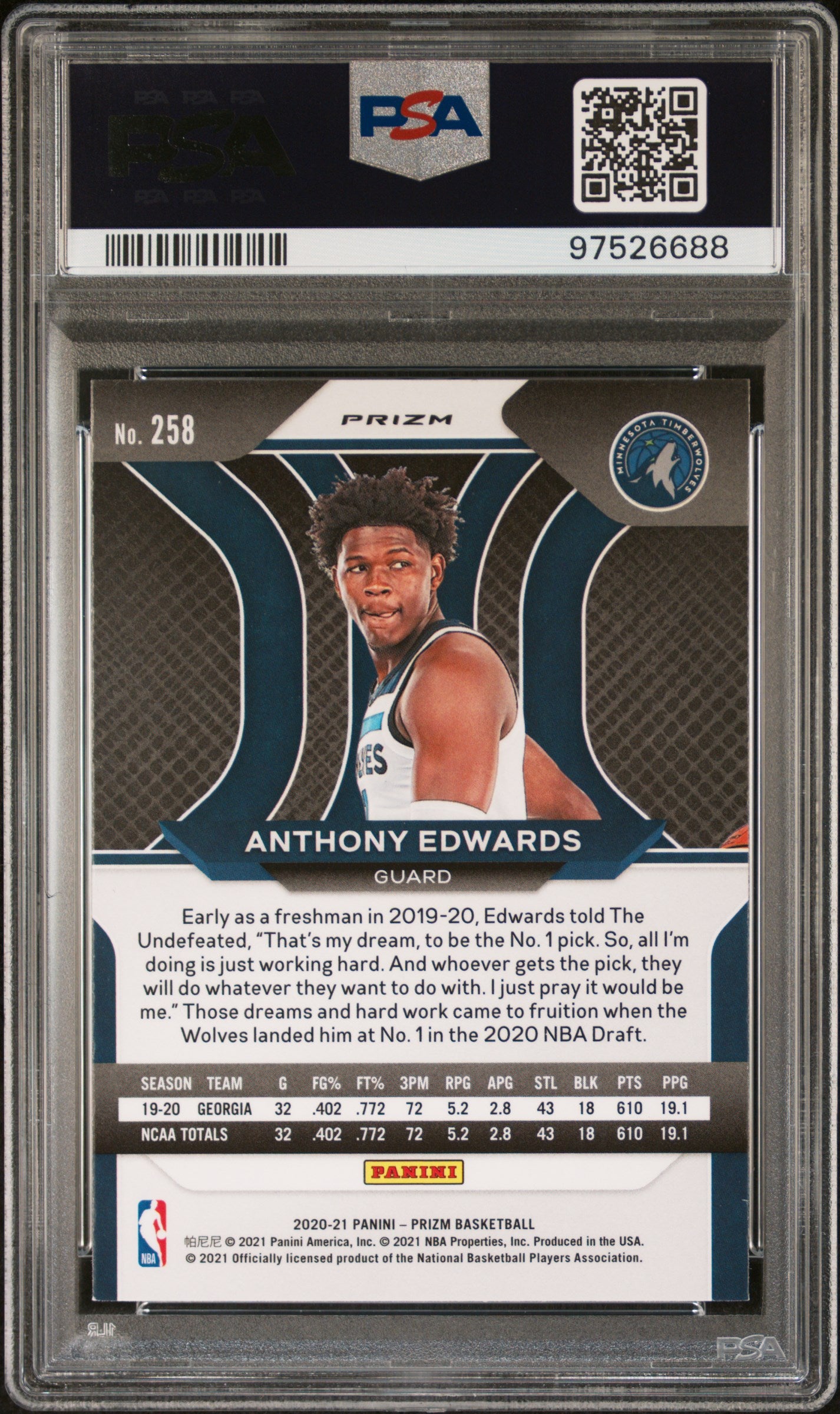 Anthony Edwards 2020 Panini Prizm Rookie #258 Red White Blue Prizm PSA 9 Mint
