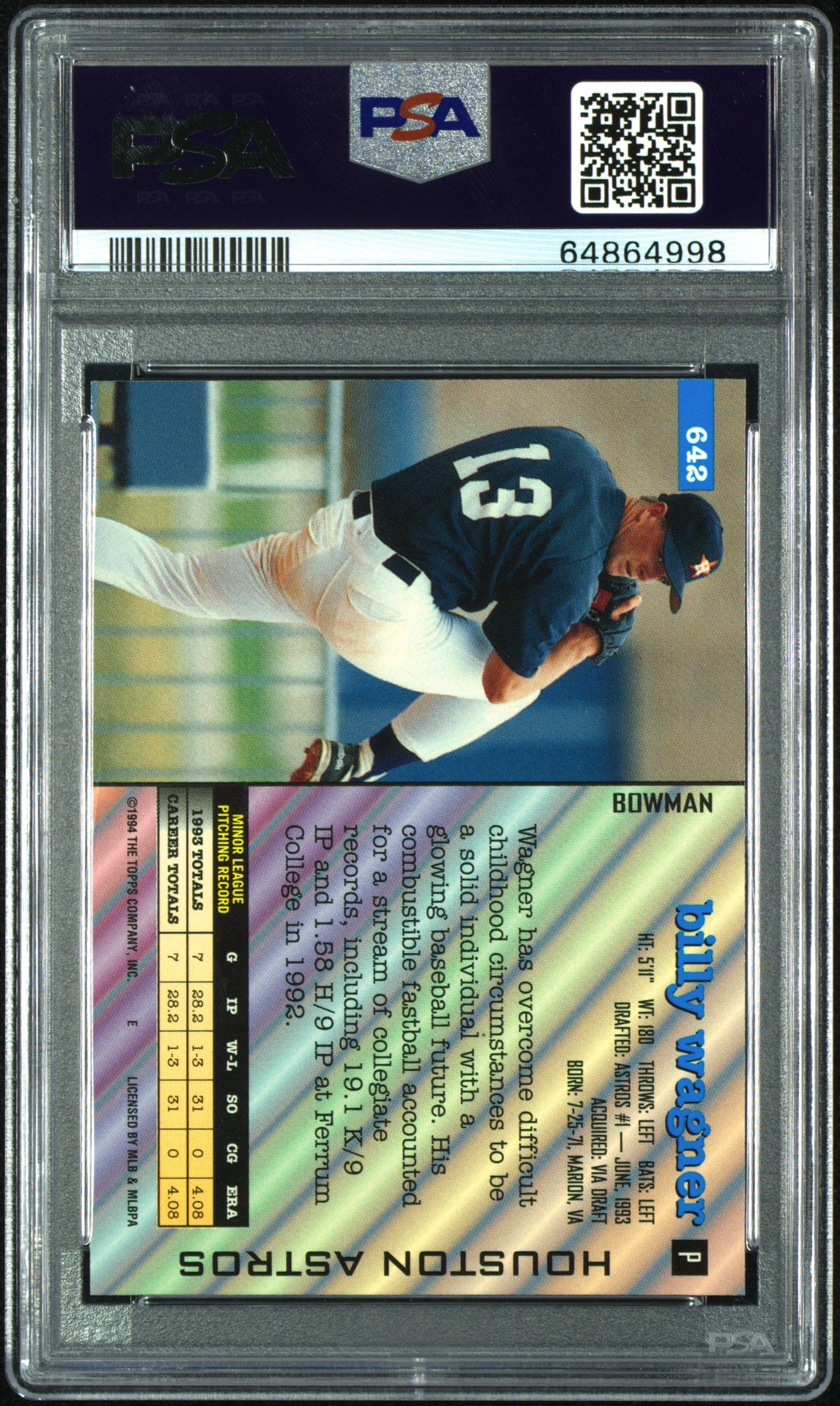 Billy Wagner 1994 Bowman Rookie #642 PSA 9 Mint 4998