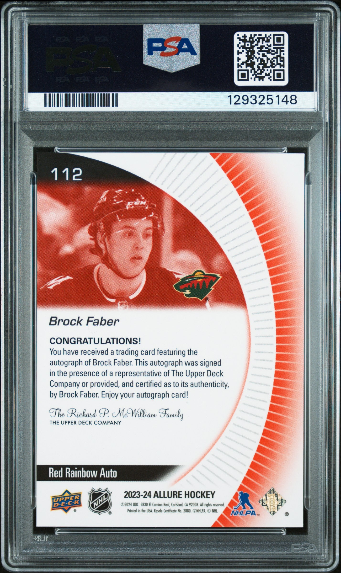 Brock Faber 2023 Upper Deck Allure Red Rainbow Rookie Autograph PSA 10 Gem Miint