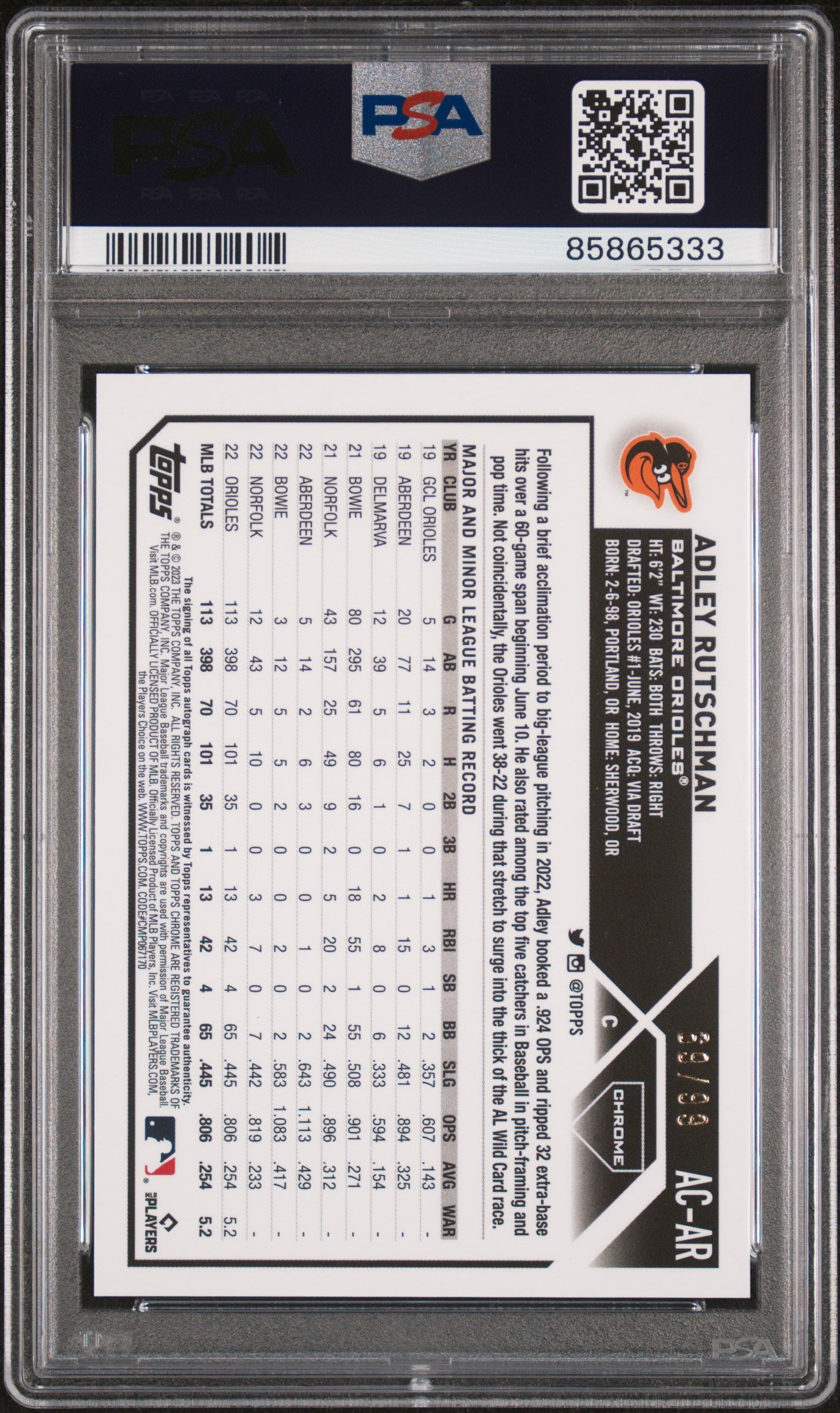 Adley Rutschman 2023 Topps Chrome Update Green Refractor Auto 69/99 PSA 9 Auto 10