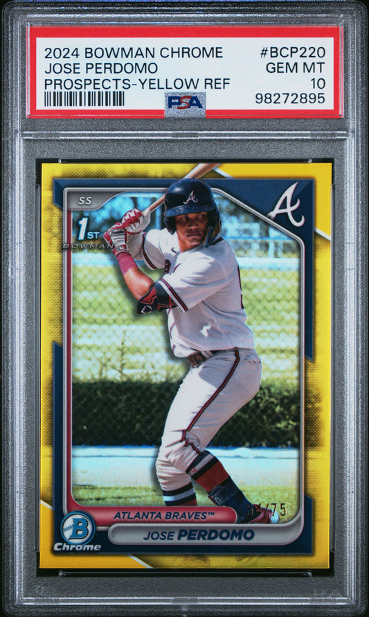 Jose Perdomo 2024 Bowman Chrome Yellow Refractor #54/75 PSA 10 Gem Mint