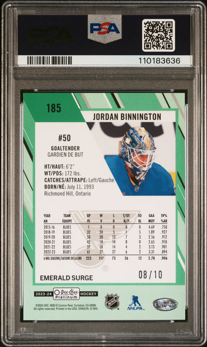 Jordan Binnington 2023 OPC Platinum Emerald Surge #8/10 PSA 7 Near Mint