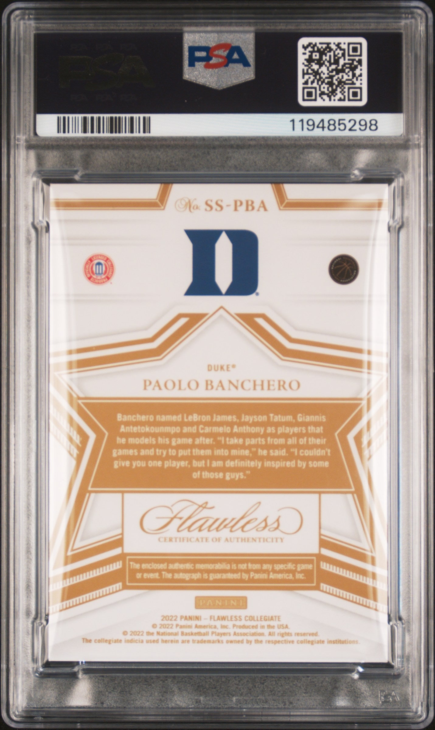 Paolo Banchero 2022 Flawless Collegiate Star Swatch Auto #3/25 PSA Auto Auto 10