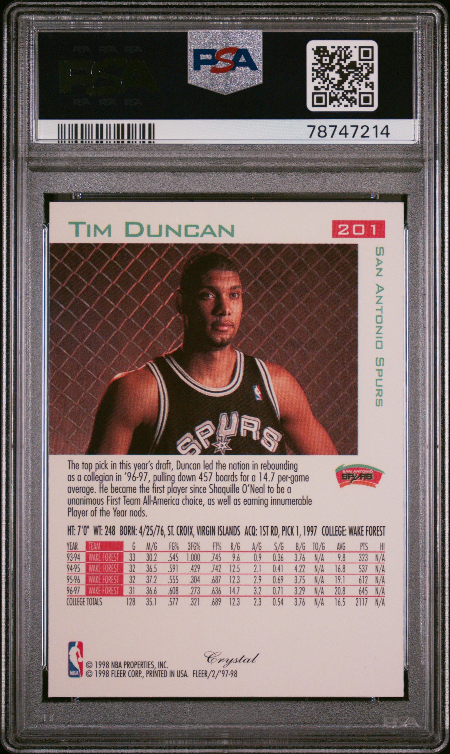 Tim Duncan 1997 Fleer Crystal #201 PSA 10 Gem Mint