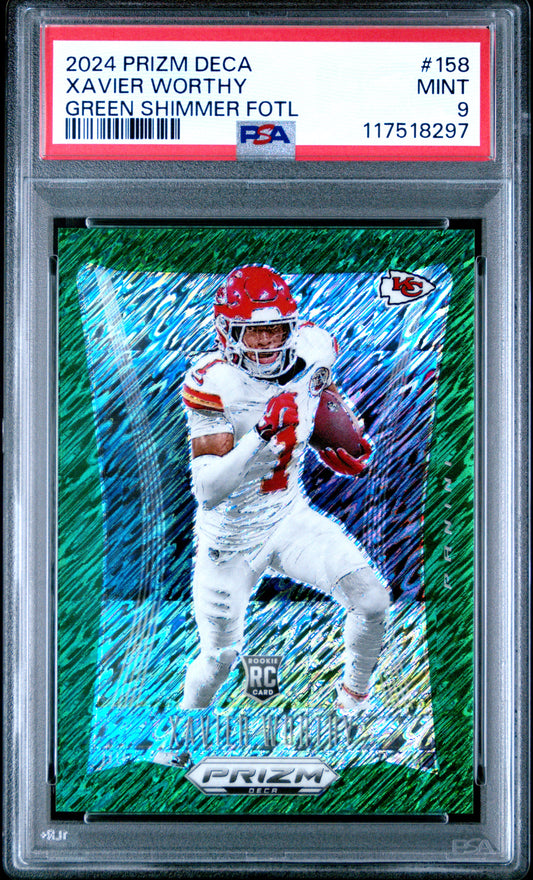Xavier Worthy 2024 Panini Prizm Deca Rookie #158 Green Shimmer #5/12 PSA 9 Mint