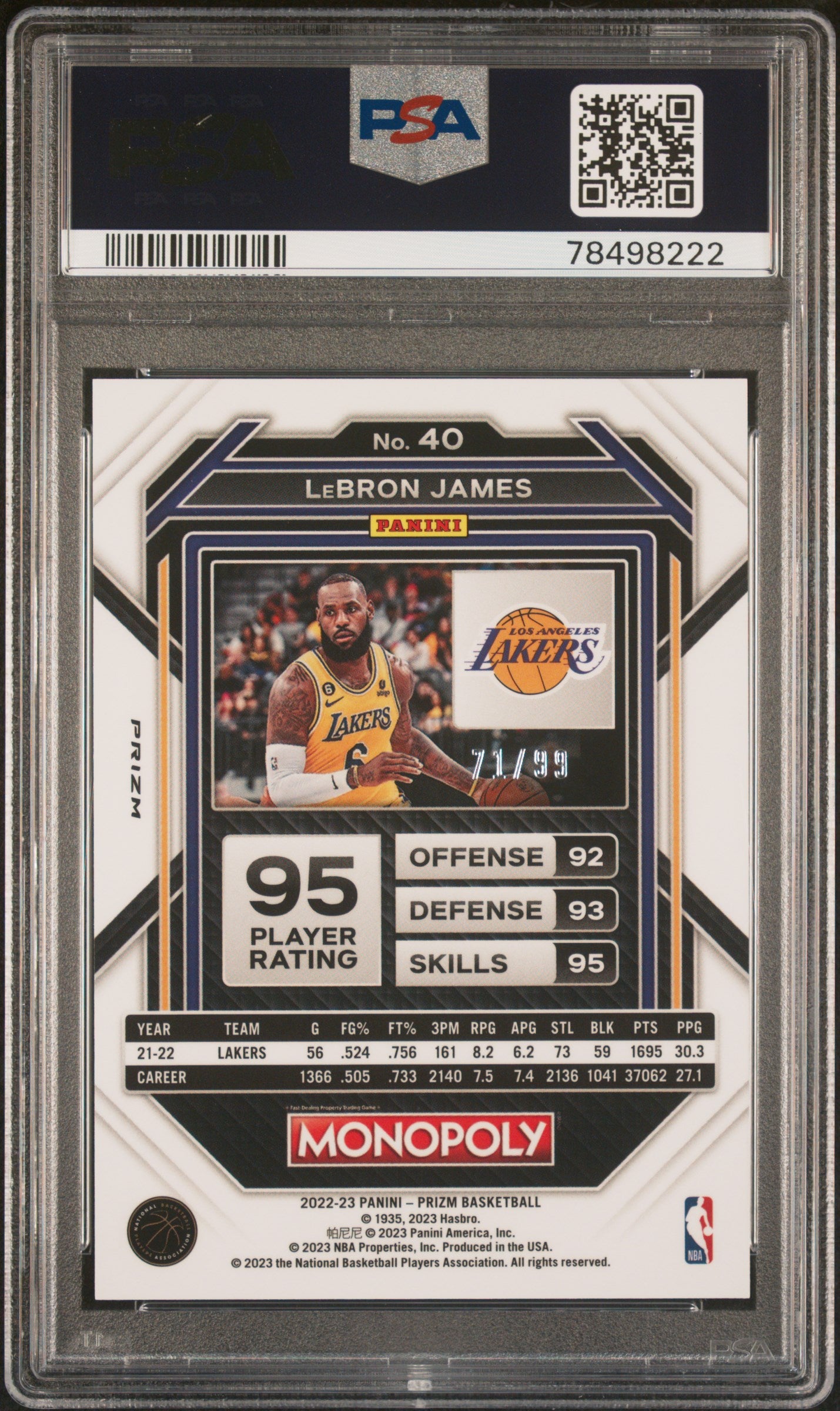LeBron James 2022 Panini Prizm Monopoly #40 Red Prizm #71/99 PSA 10 Gem Mint