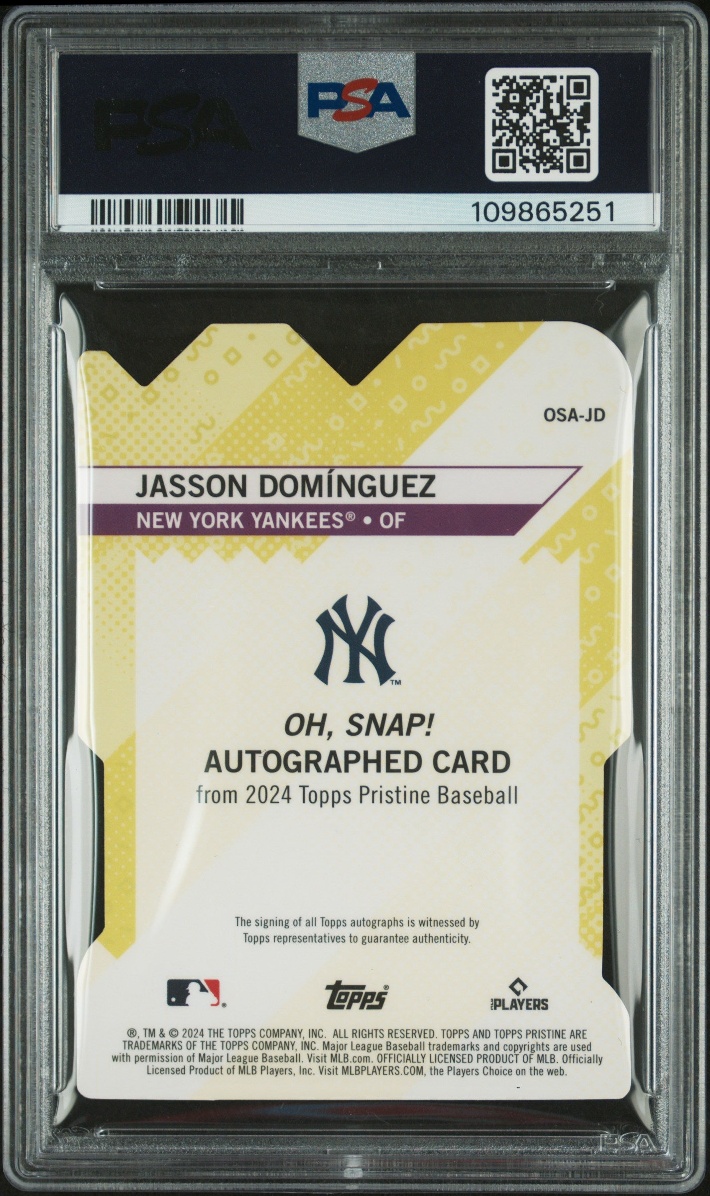 Jasson Dominguez 2024 Topps Pristine Oh Snap! Gold Refractor Auto #12/50 PSA 10 Gem Mint