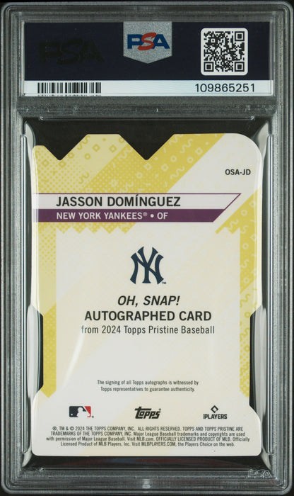 Jasson Dominguez 2024 Topps Pristine Oh Snap! Gold Refractor Auto #12/50 PSA 10 Gem Mint