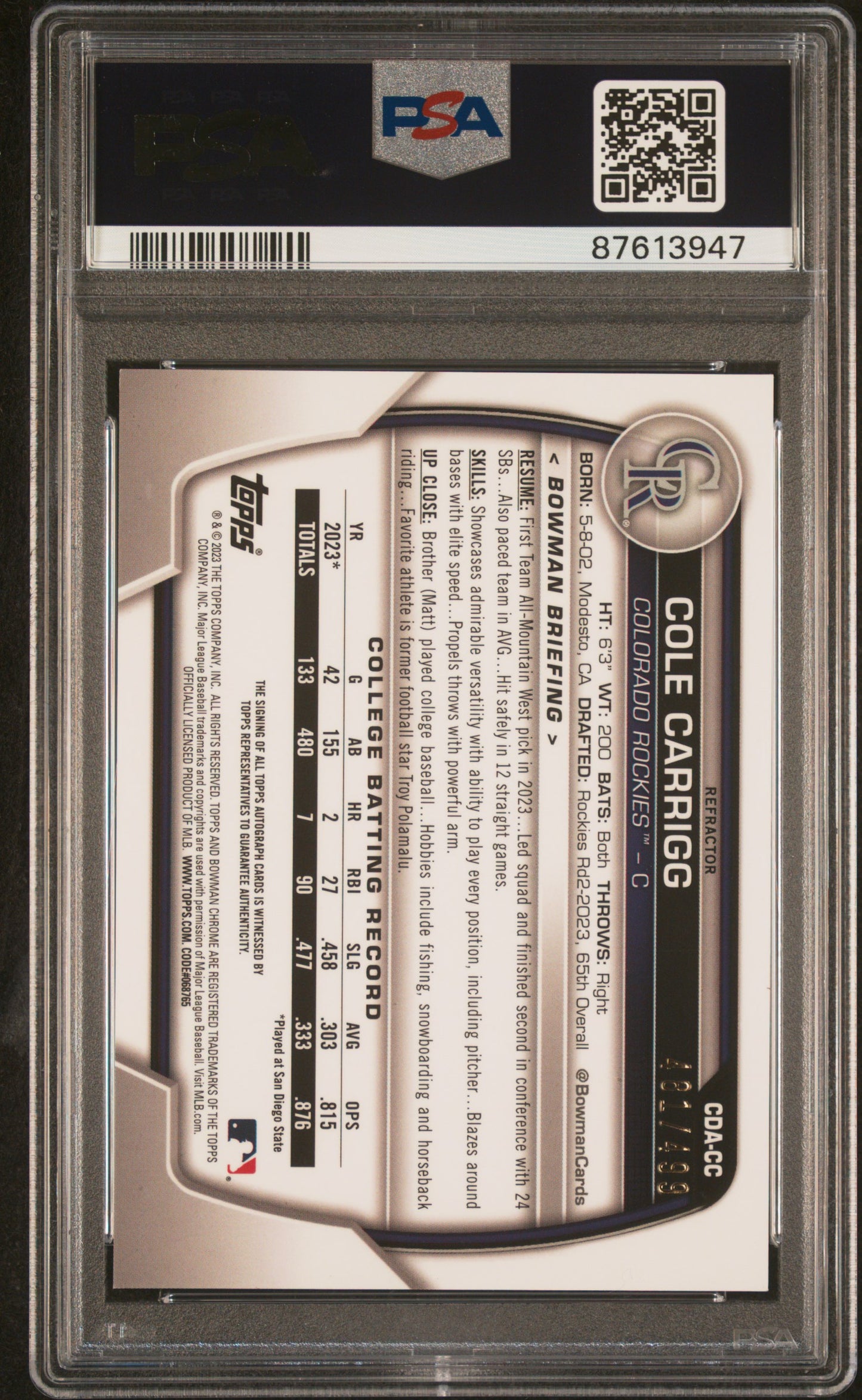 Cole Carrigg 2023 Bowman Draft Refractor Auto #481/499 PSA 10 Gem Mint