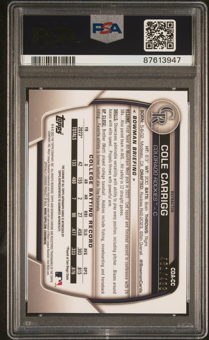 Cole Carrigg 2023 Bowman Draft Refractor Auto #481/499 PSA 10 Gem Mint