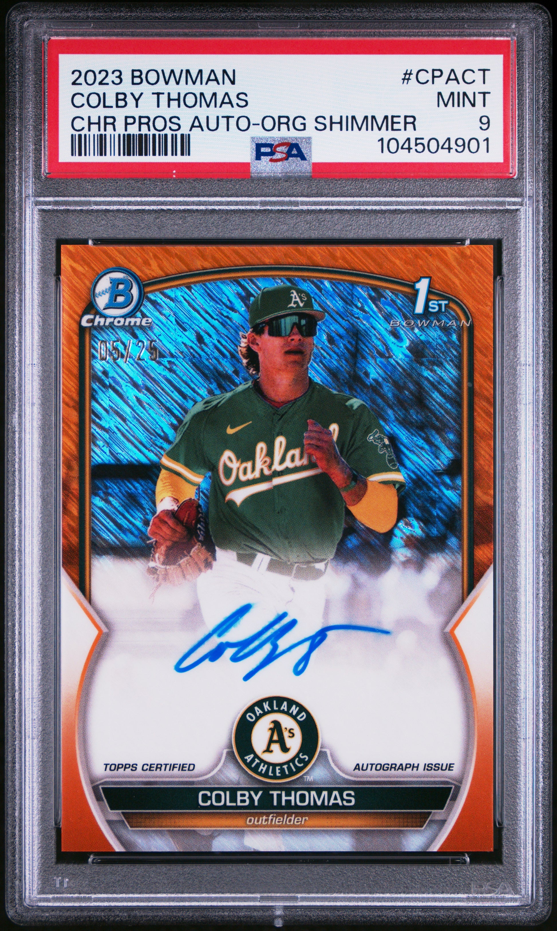 Colby Thomas 2023 Bowman Chrome Orange Shimmer Auto #5/25 PSA 9 Mint