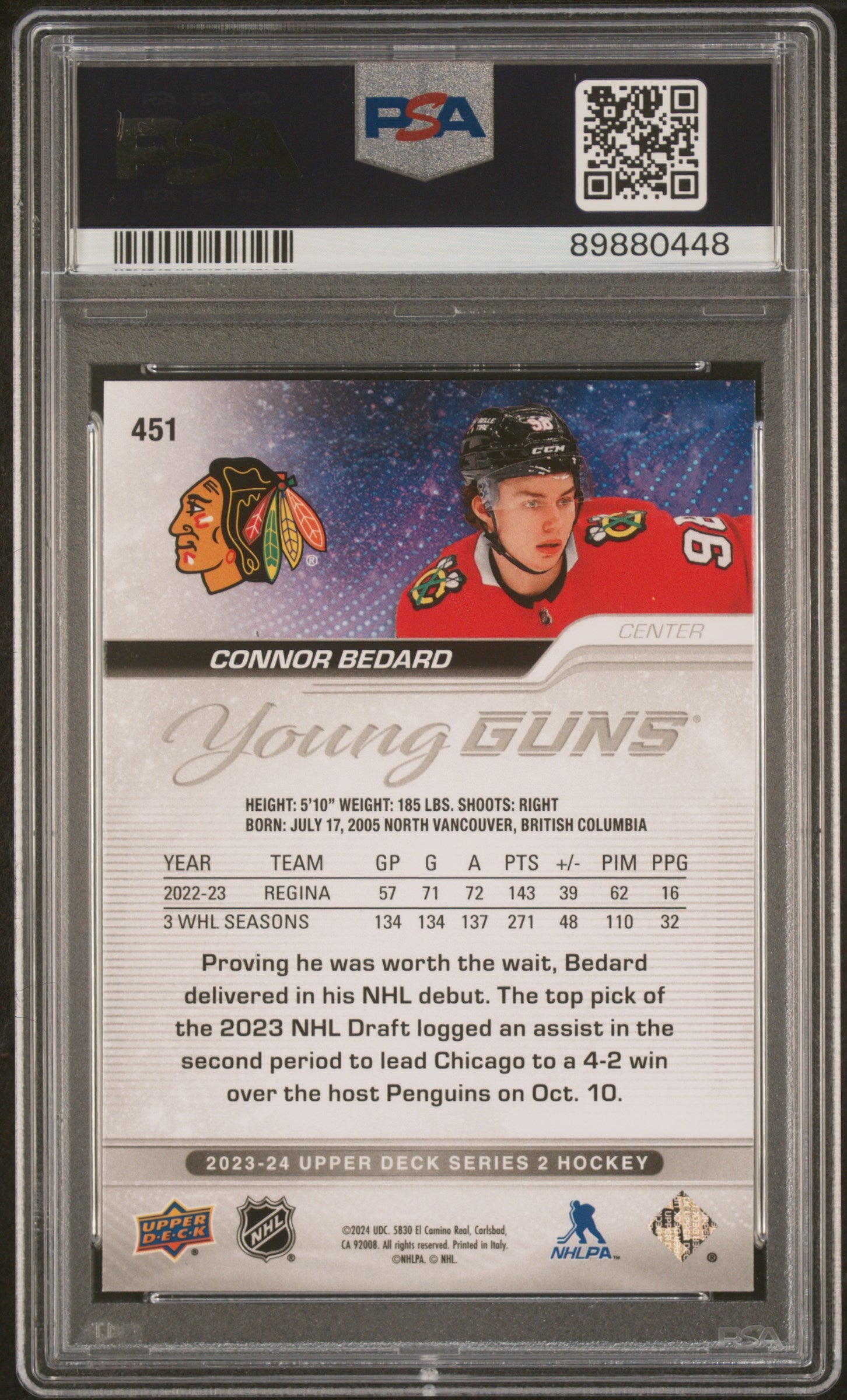 Connor Bedard 2023 Upper Deck Rookie #451 PSA 9 Mint 0448