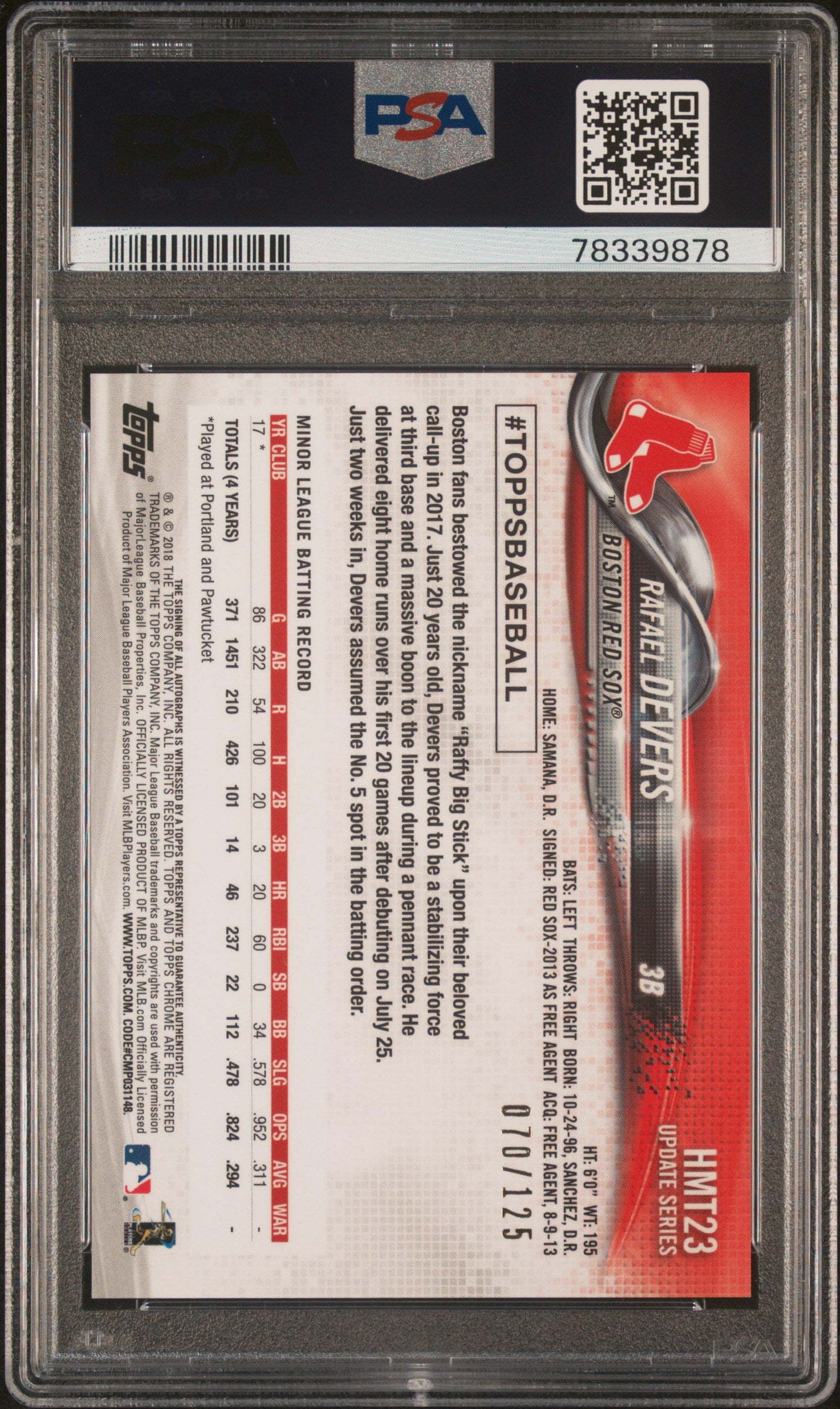 Rafael Devers 2018 Topps Chrome Update X-Fractor Auto #70/125 PSA 9 Mint