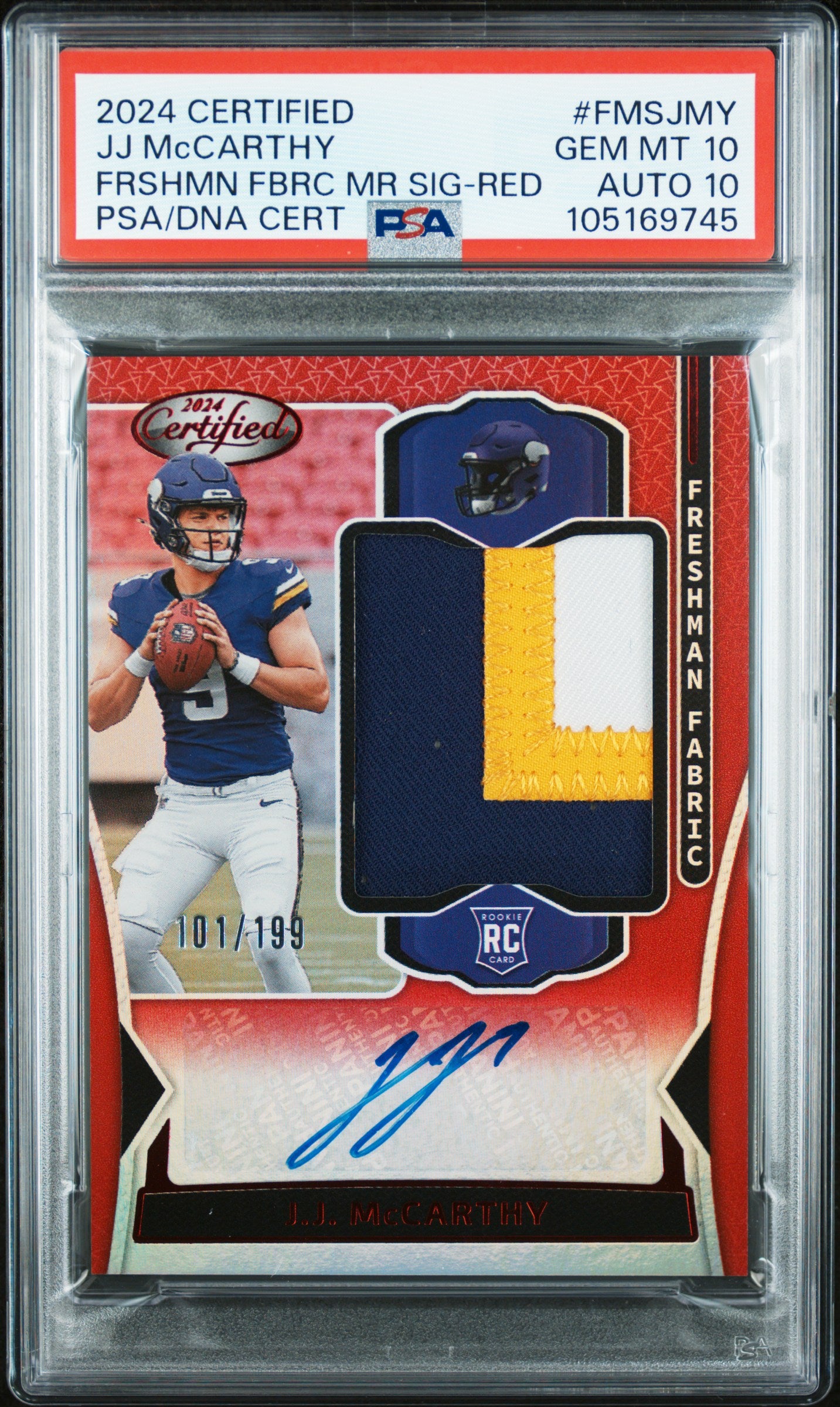JJ McCarthy 2024 Panini Certified Mirror Red Rookie Patch Auto #101/199 PSA 10 Auto 10