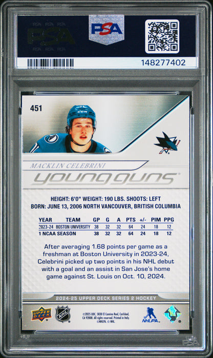 Macklin Celebrini 2024 Upper Deck Rookie #451 PSA 9 Mint 7402