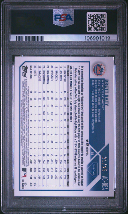 Brett Baty 2023 Topps Chrome Update Orange Wave Auto #21/25 PSA 9 Mint