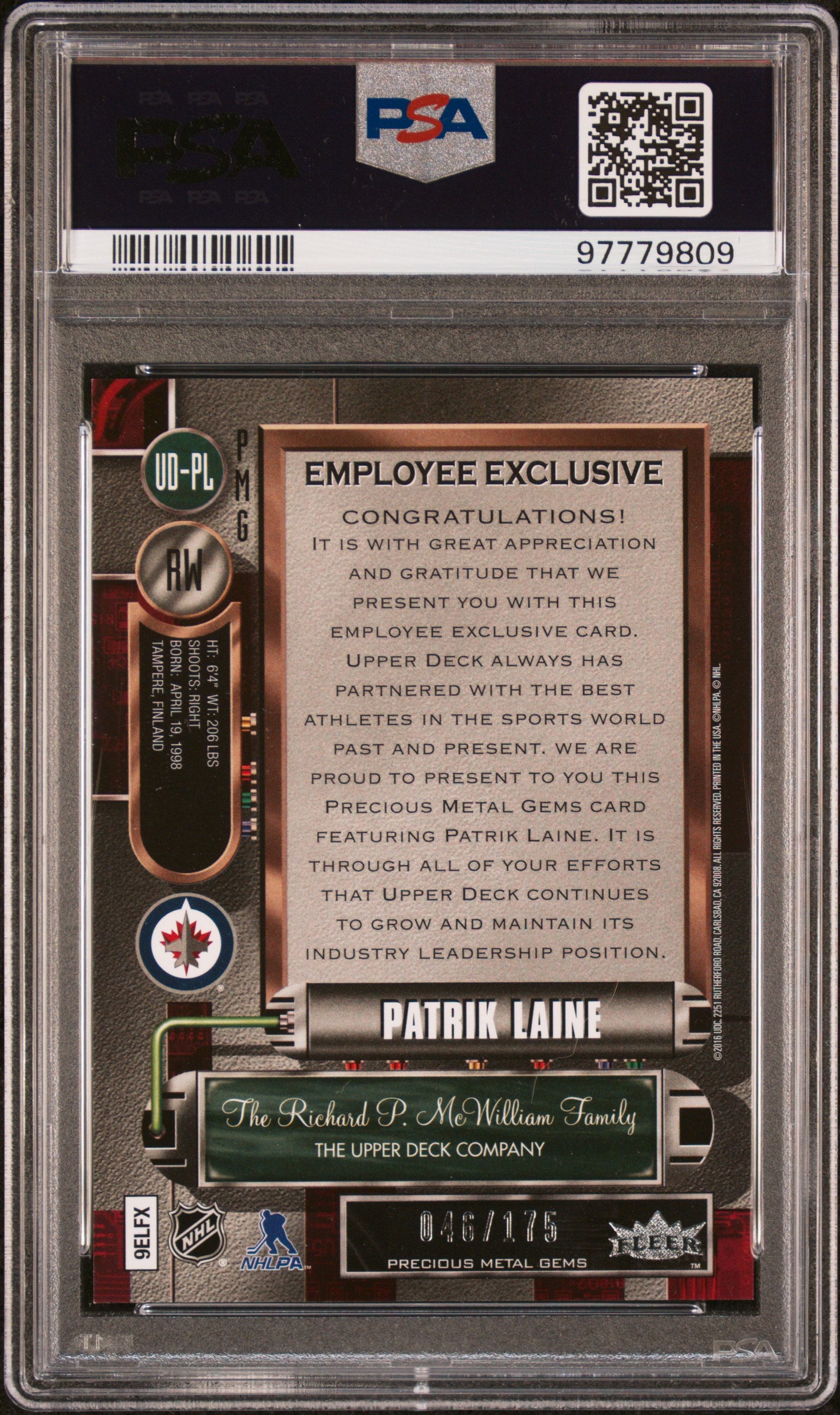 Patrik Laine 2016 Upper Deck Employee Precious Metal Gems Purple #46/175 PSA 9 Mint