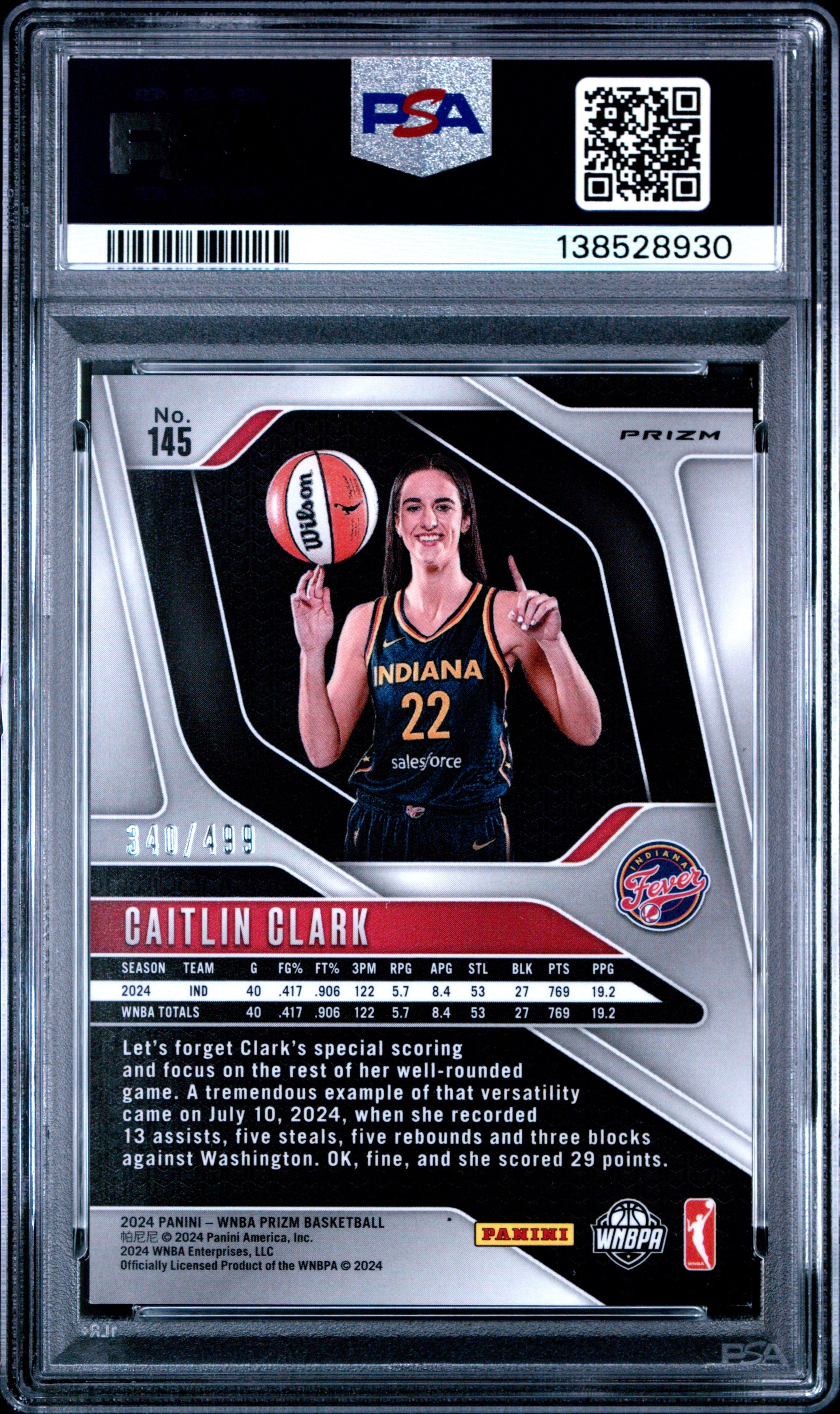 Caitlin Clark 2024 Panini Prizm WNBA Rookie #145 PSA 9 Mint 8930