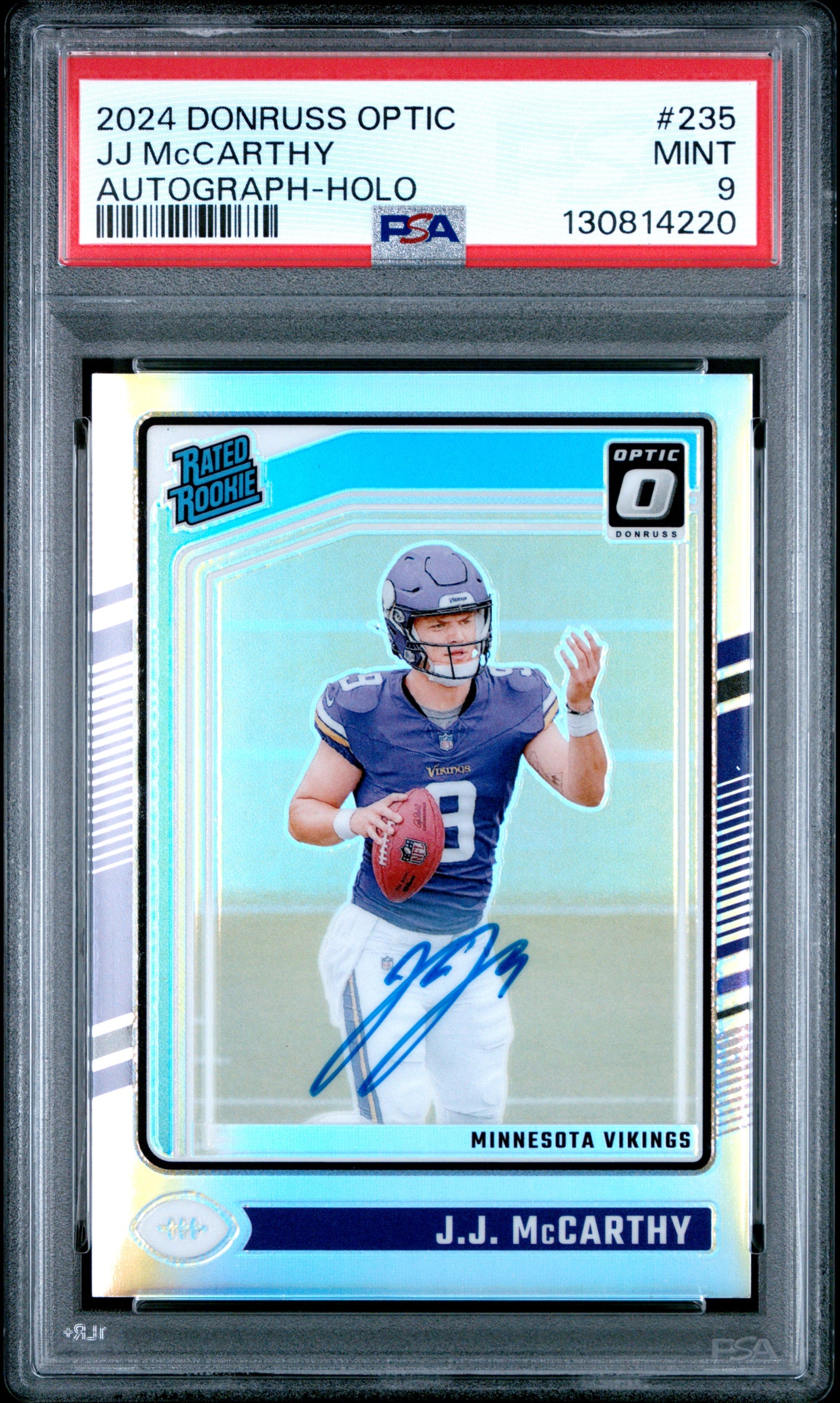 J.J. McCarthy 2024 Donruss Optic Rookie Holo Autograph #106/150 PSA 9 Mint