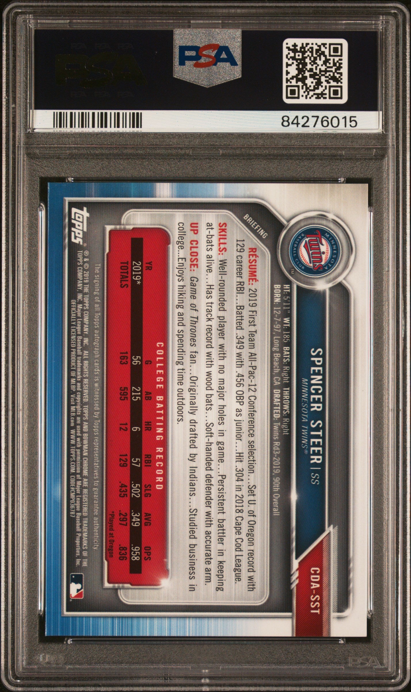 Spencer Steer 2019 Bowman Chrome Draft Auto Purple Refractor #41/250 PSA 9 Auto 10