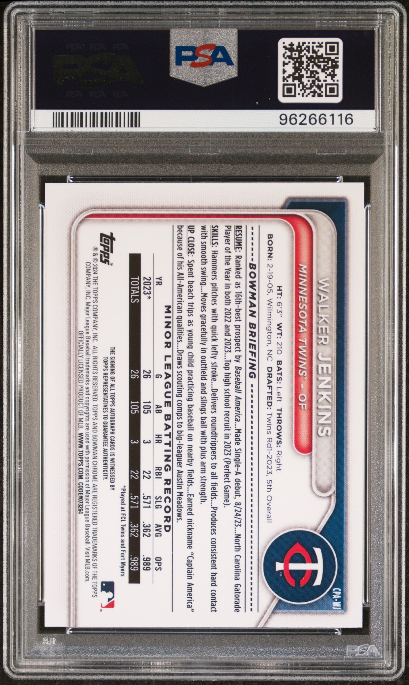 Walker Jenkins 2024 Bowman Chrome Auto PSA 10 Gem Mint