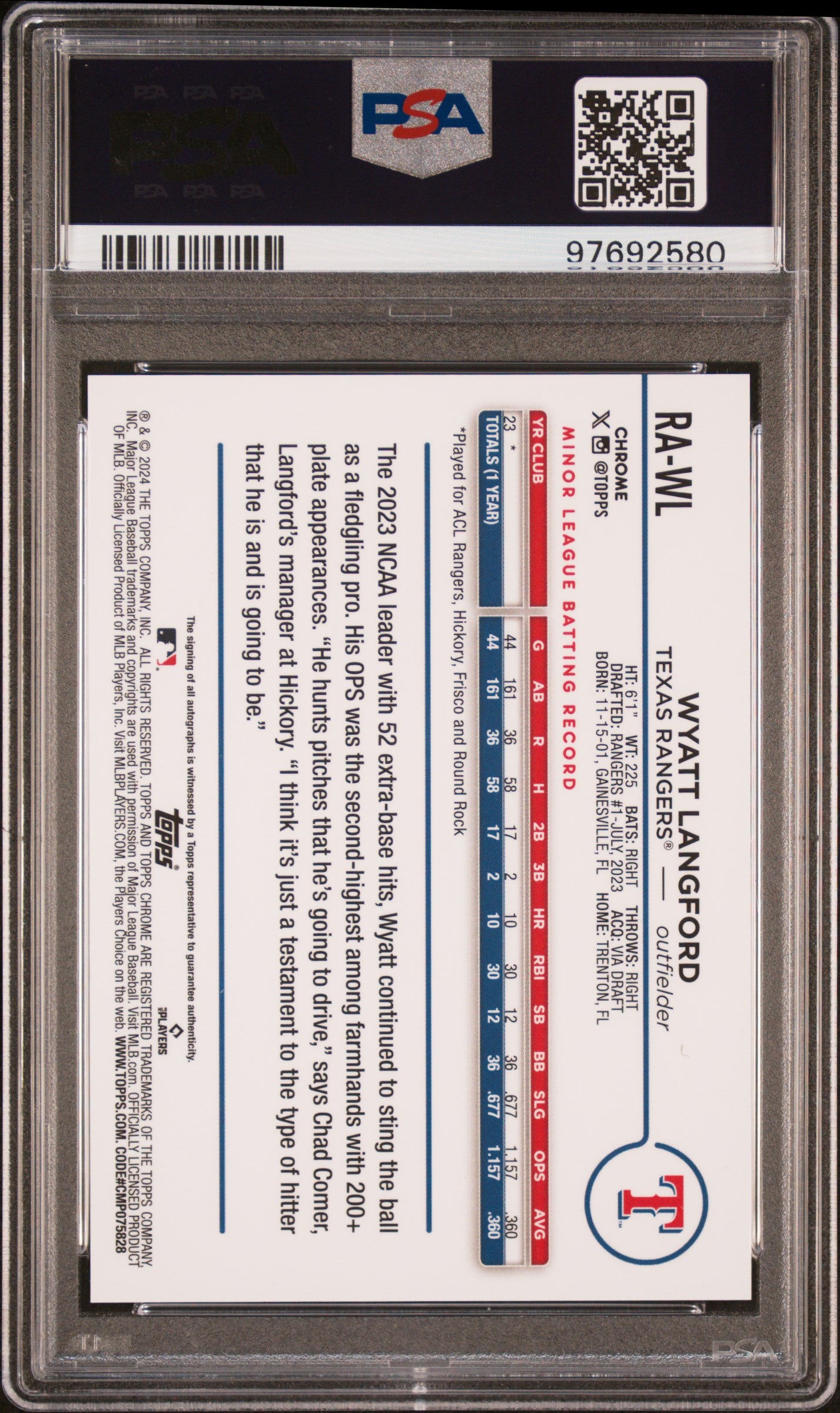 Wyatt Langford 2024 Topps Chrome Rookie Autograph PSA 10 Auto 10 2580