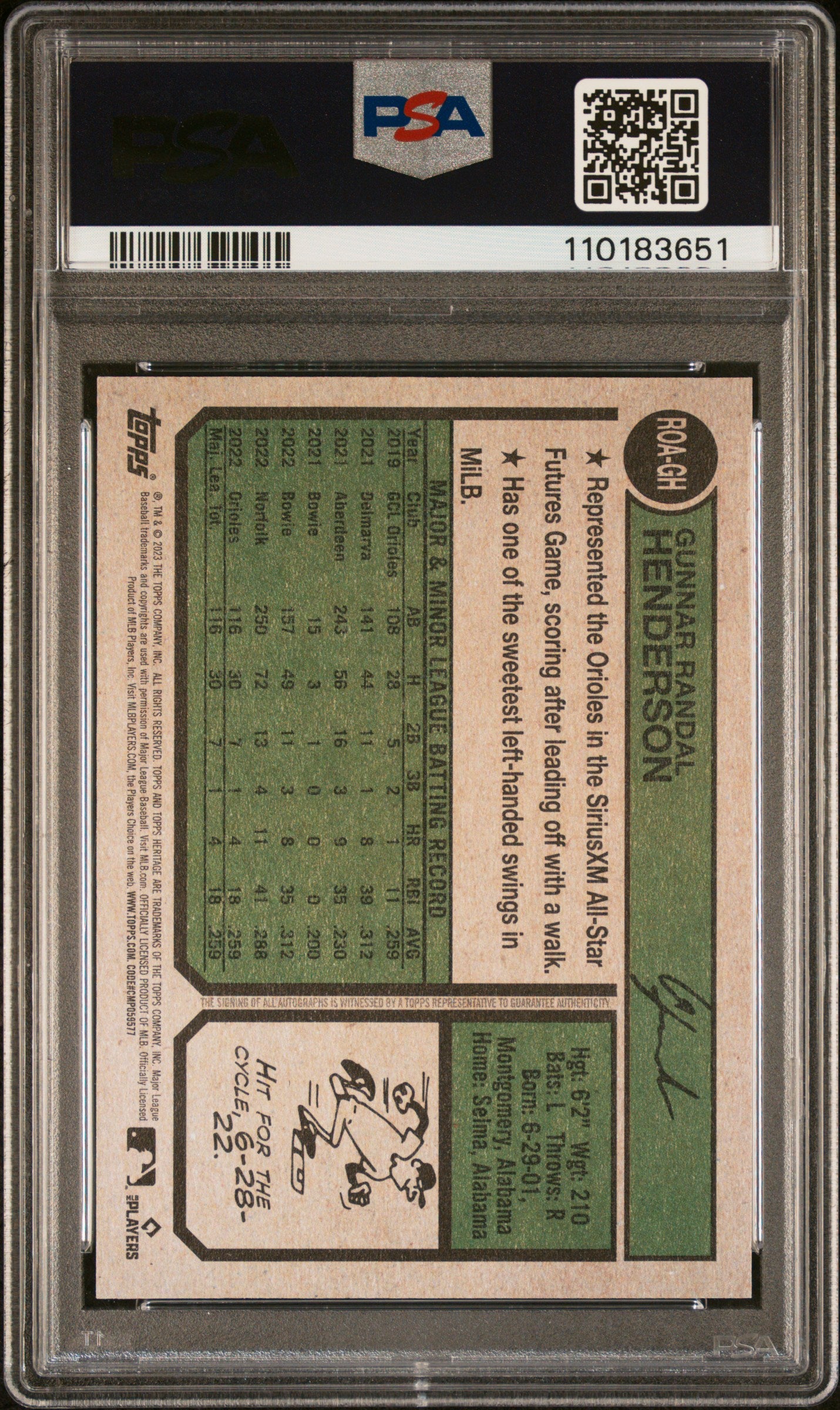 Gunnar Henderson 2023 Topps Heritage Real One Auto PSA 10 Gem Mint