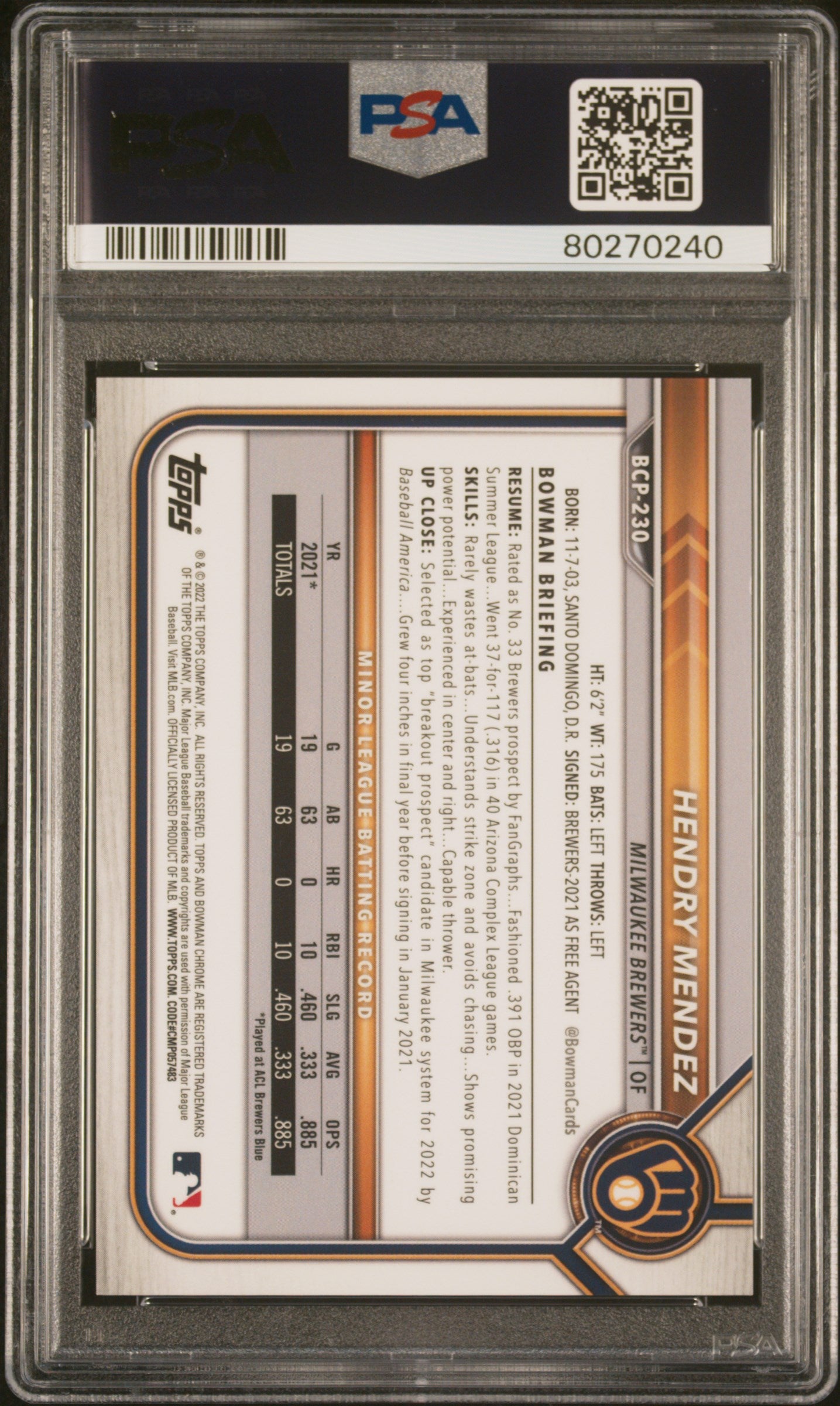 Hendry Mendez 2022 Bowman Chrome SApphire Padparadscha #1/1 PSA 9 Mint
