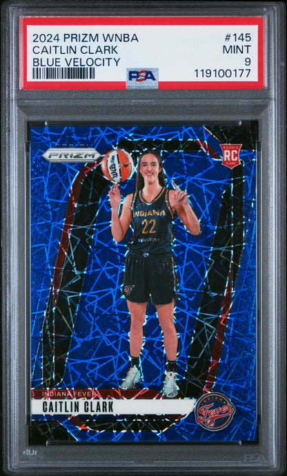 Caitlin Clark 2024 Panini Prizm WNBA #145 Blue Velocity Rookie PSA 9 Mint
