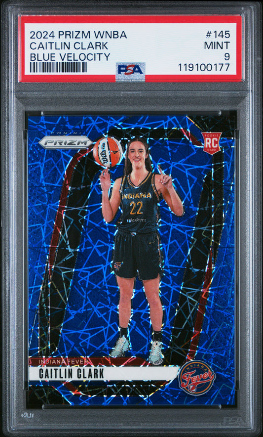 Caitlin Clark 2024 Panini Prizm WNBA #145 Blue Velocity Rookie PSA 9 Mint