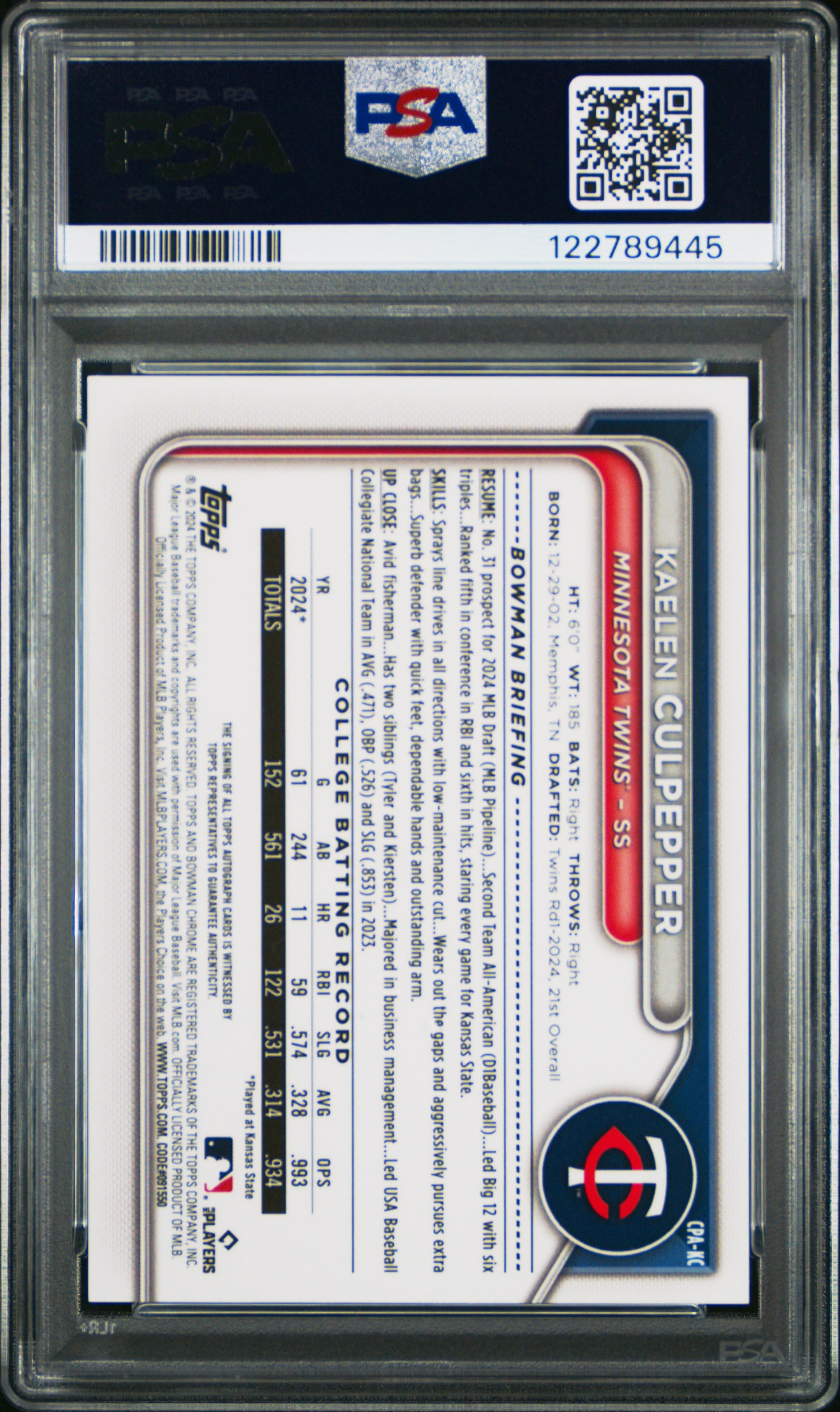 Kaelen Culpepper 2024 Bowman Chrome Draft Sparkle Refractor Auto #50/71 PSA 10 Gem Mint