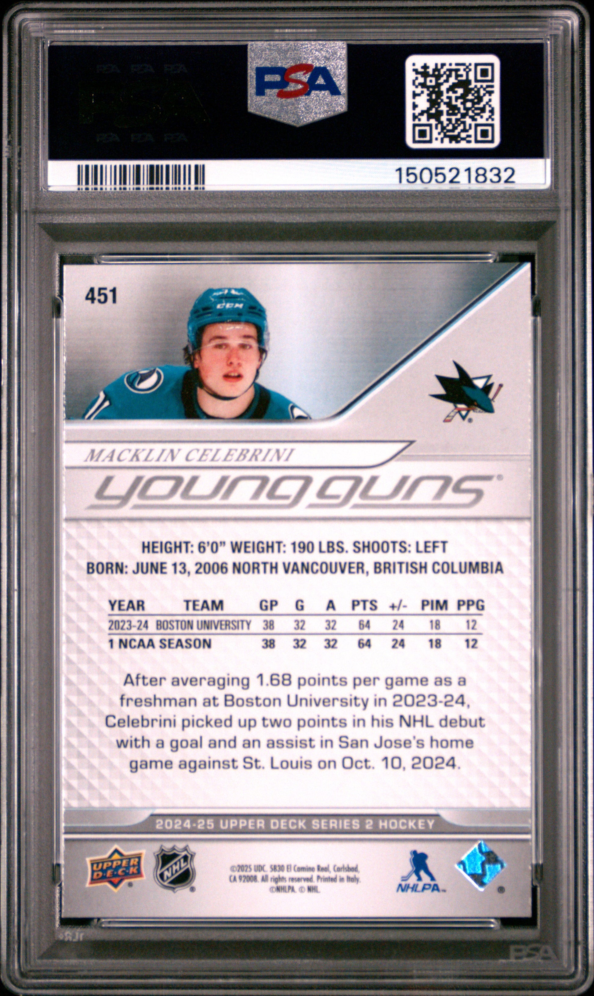 Macklin Celebrini 2024 Upper Deck Rookie #451 PSA 9 Mint 1832