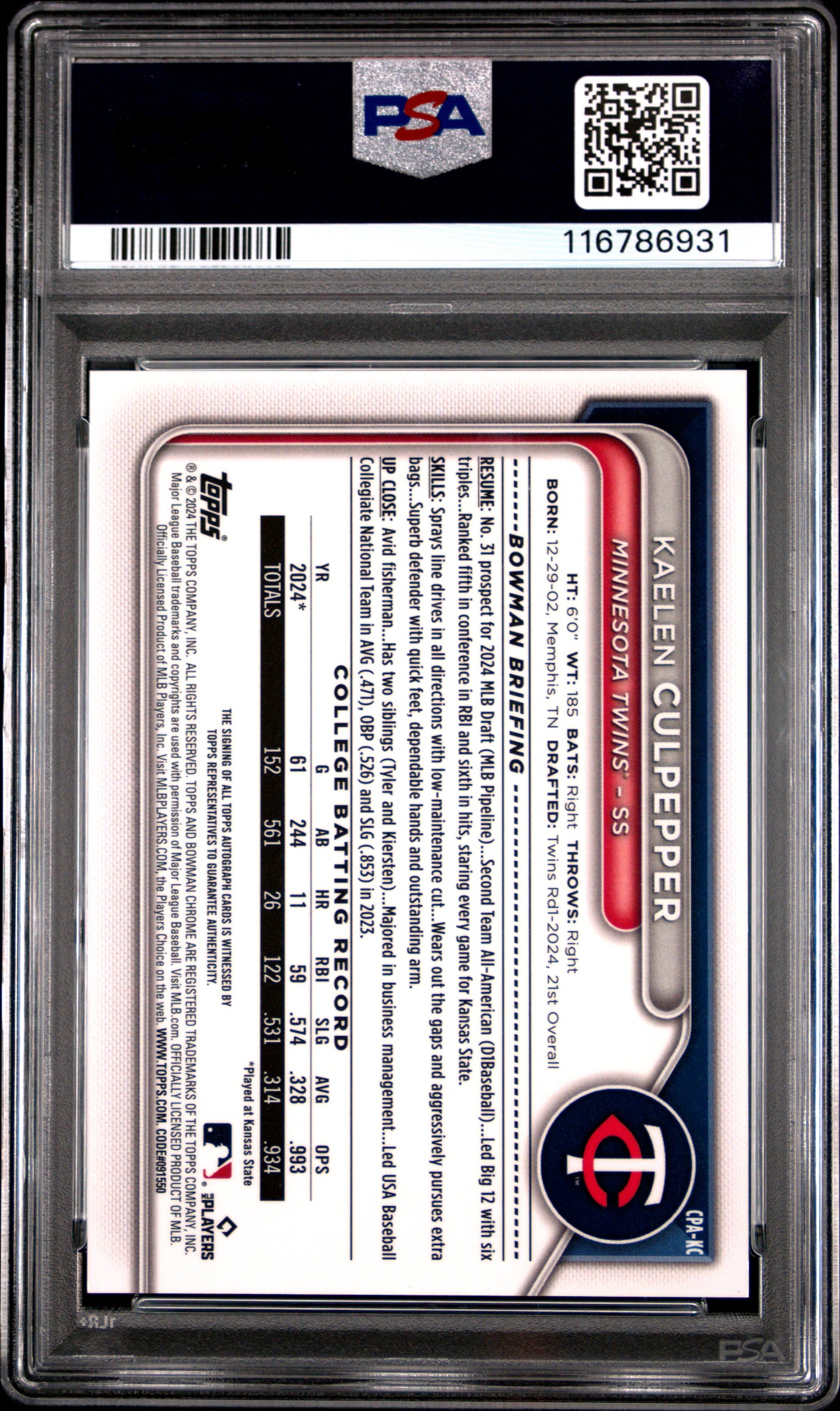 Kaelen Culpepper 2024 Bowman Draft Sapphire Green Auto #31/99 PSA 10 Gem Mint