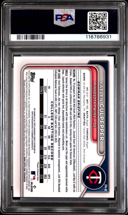 Kaelen Culpepper 2024 Bowman Draft Sapphire Green Auto #31/99 PSA 10 Gem Mint