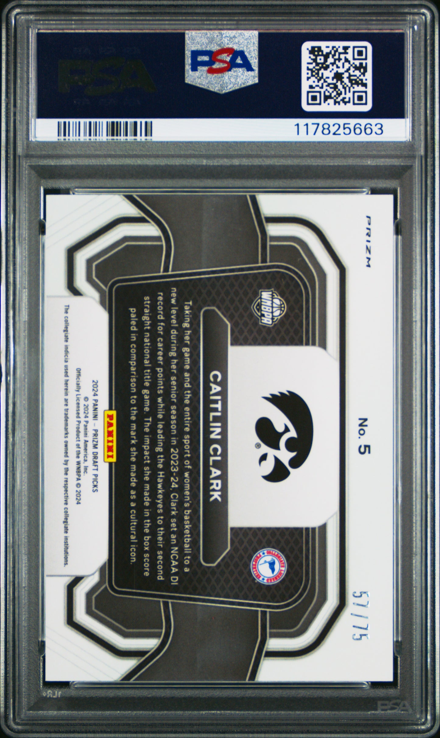 Caitlin Clark 2024 Panini Prizm Draft Campus Legend Purple Prizm #57/75 PSA 10 Gem Mint