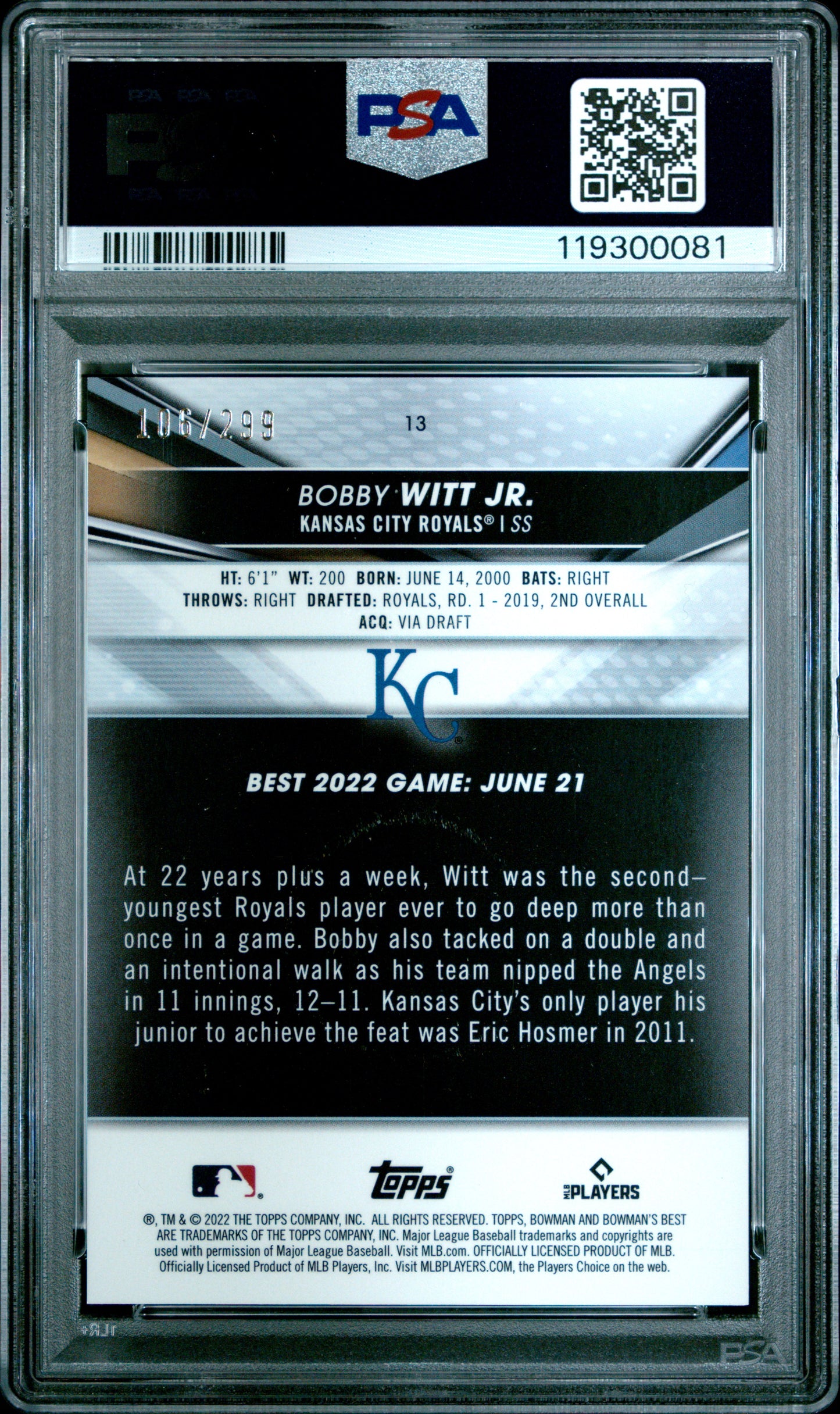 Bobby Witt Jr. 2022 Bowmans Best Rookie #13 Mini-Diamond Refractor #106/299 PSA 10 Gem Mint