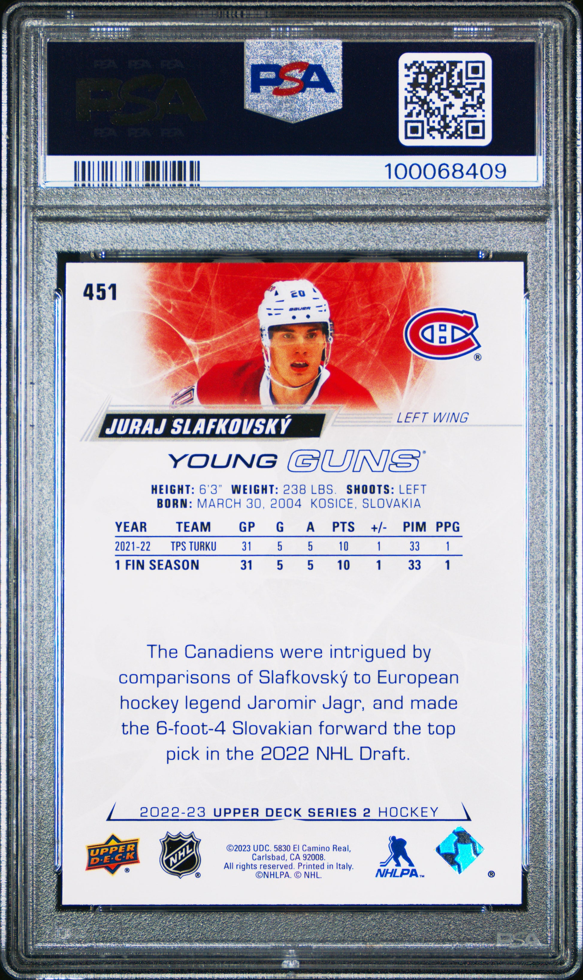 Juraj Slafkovsky 2022 Upper Deck Rookie #451 PSA 10 Gem Mint