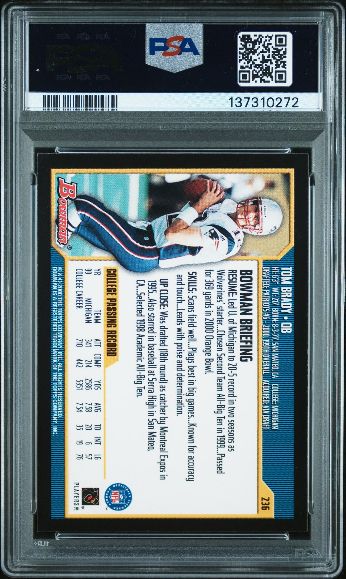 Tom Brady 2000 Bowman Rookie #236 PSA 9 Mint 0272