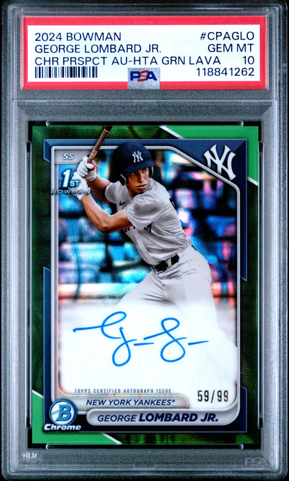 George Lombard Jr. 2024 Bowman Chrome Green Lava Auto #59/99 PSA 10 Gem Mint