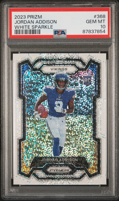 Jordan Addison 2023 Panini Prizm White Sparkle Rookie #368 PSA 10 Gem Mint 7854