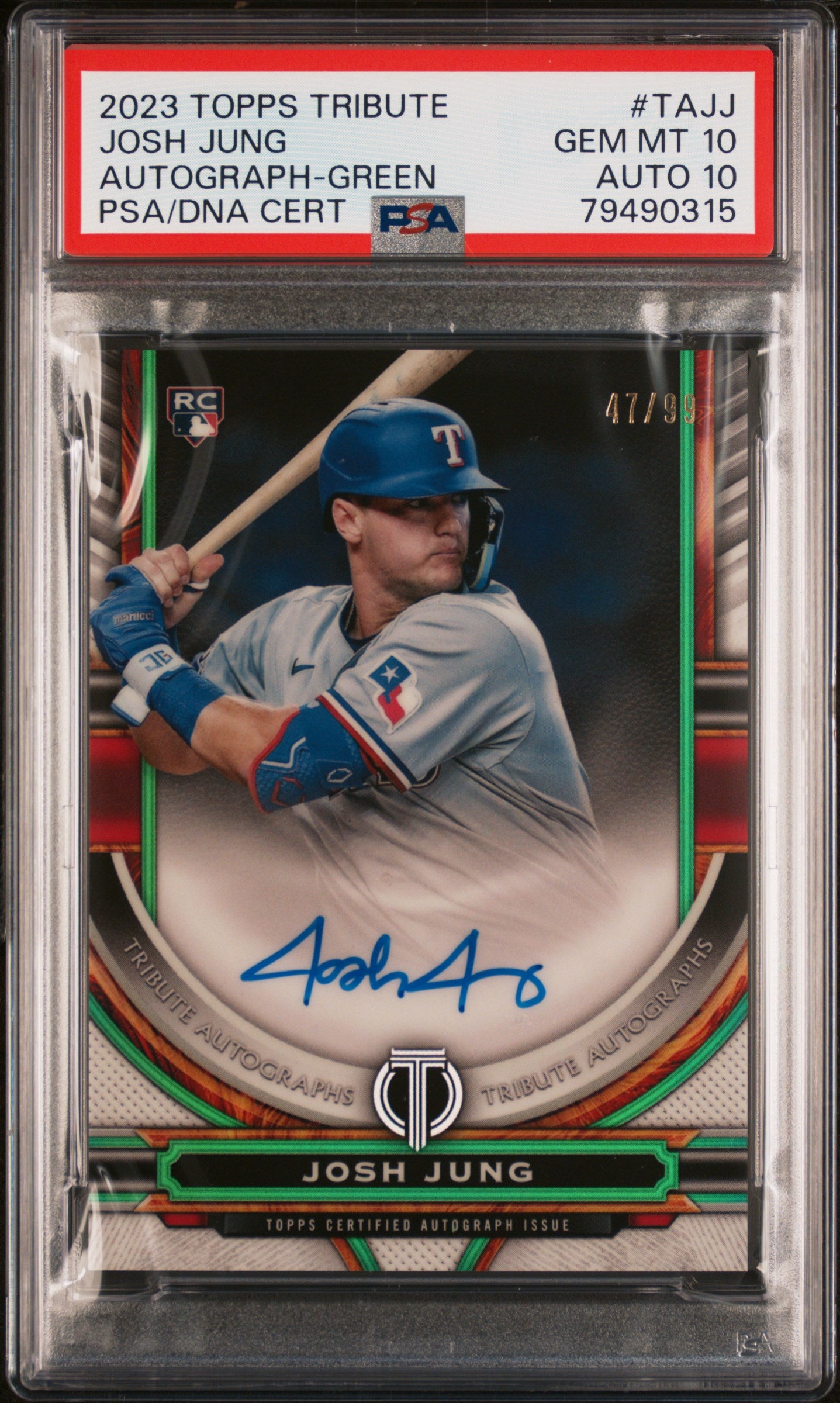Josh Jung 2023 TOpps Tribute Green Autograph #47/99 PSA 10 Auto 10