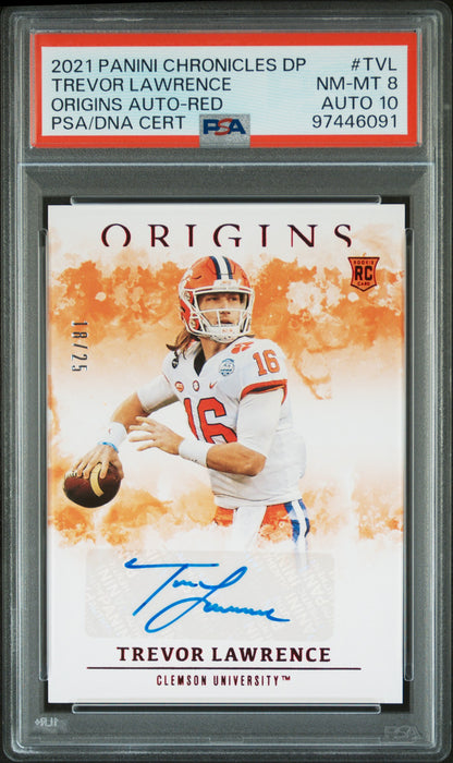 Trevor Lawrence 2021 Panini Chronicles Draft Red Auto #18/25 PSA 8 Auto 10