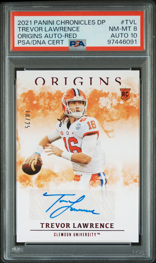 Trevor Lawrence 2021 Panini Chronicles Draft Red Auto #18/25 PSA 8 Auto 10