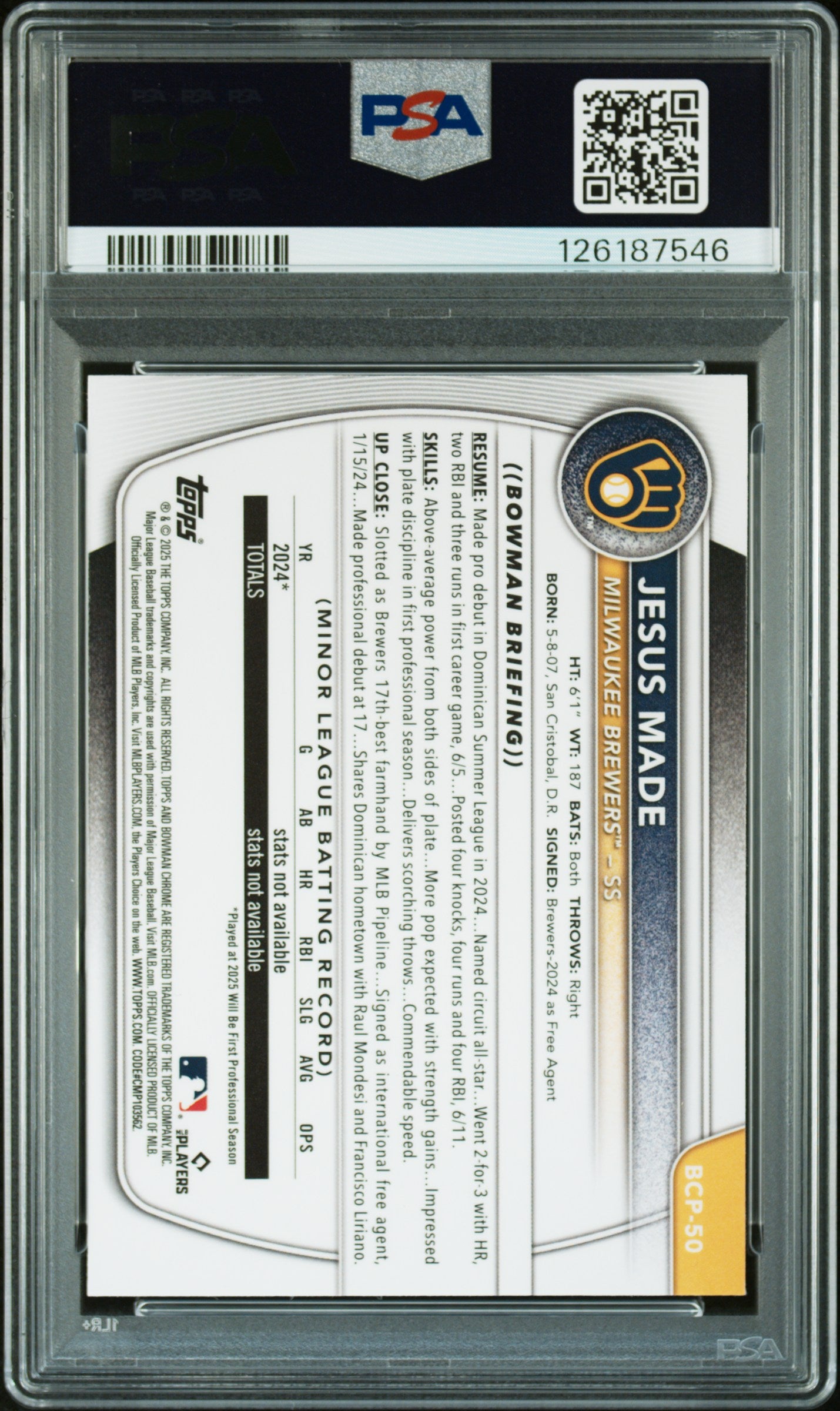 Jesus Made 2025 Bowman Mega Box Pink Refractor #51/199 PSA 10 Gem Mint