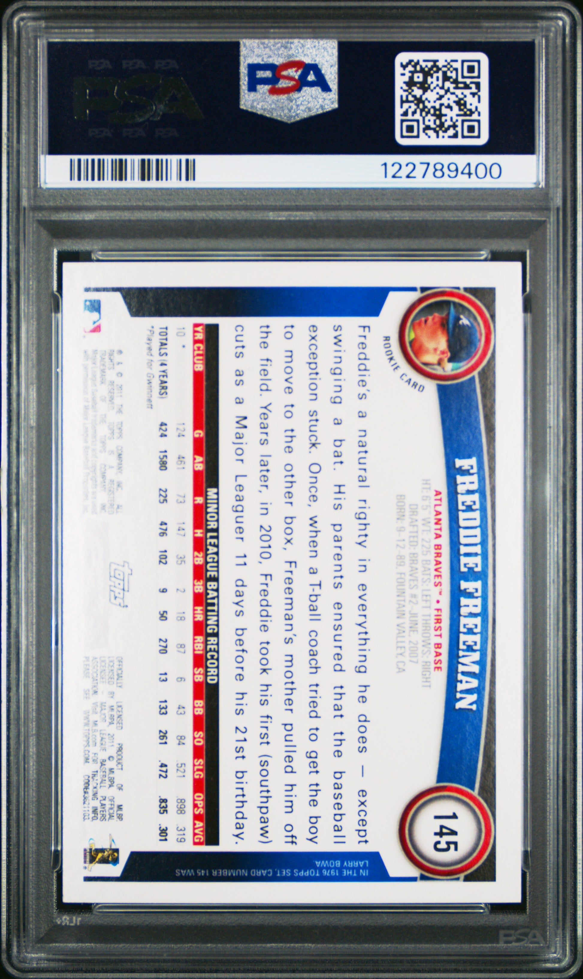 Freddie Freeman 2011 Topps Rookie #145 Diamond Anniversary PSA 10 Gem Mint 9400