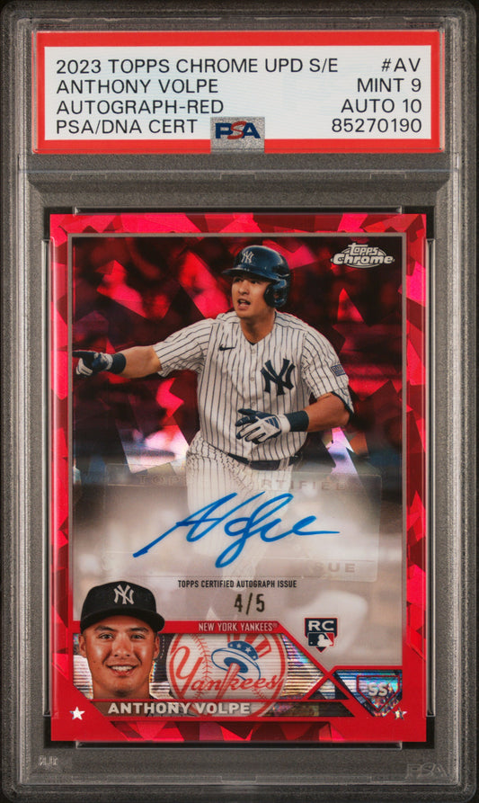Anthony Volpe 2023 Topps Chrome Update Sapphire Red Auto #4/5 PSA 9 Auto 10