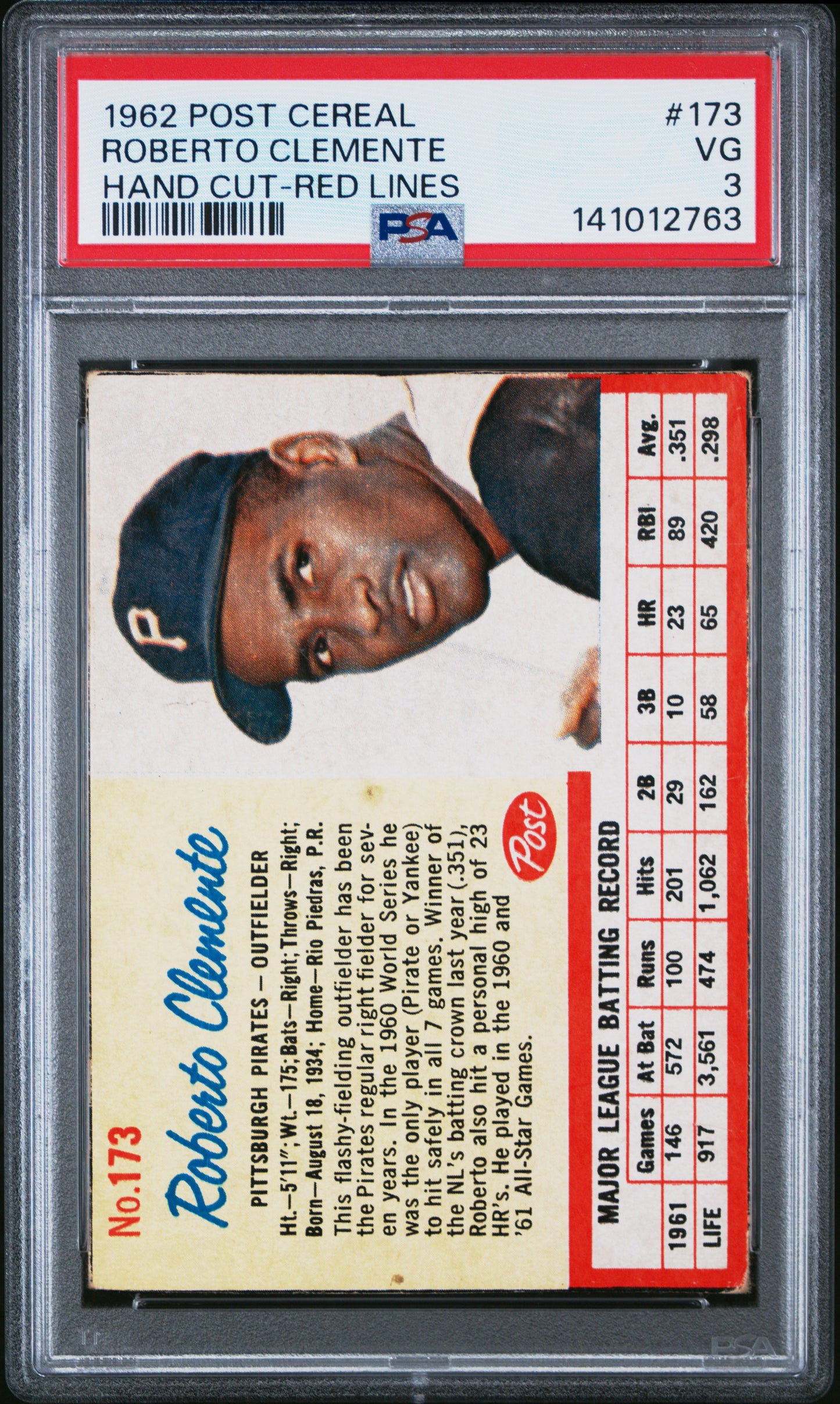 Roberto Clemente 1962 Post Cereal #173 PSA 3 Very Good