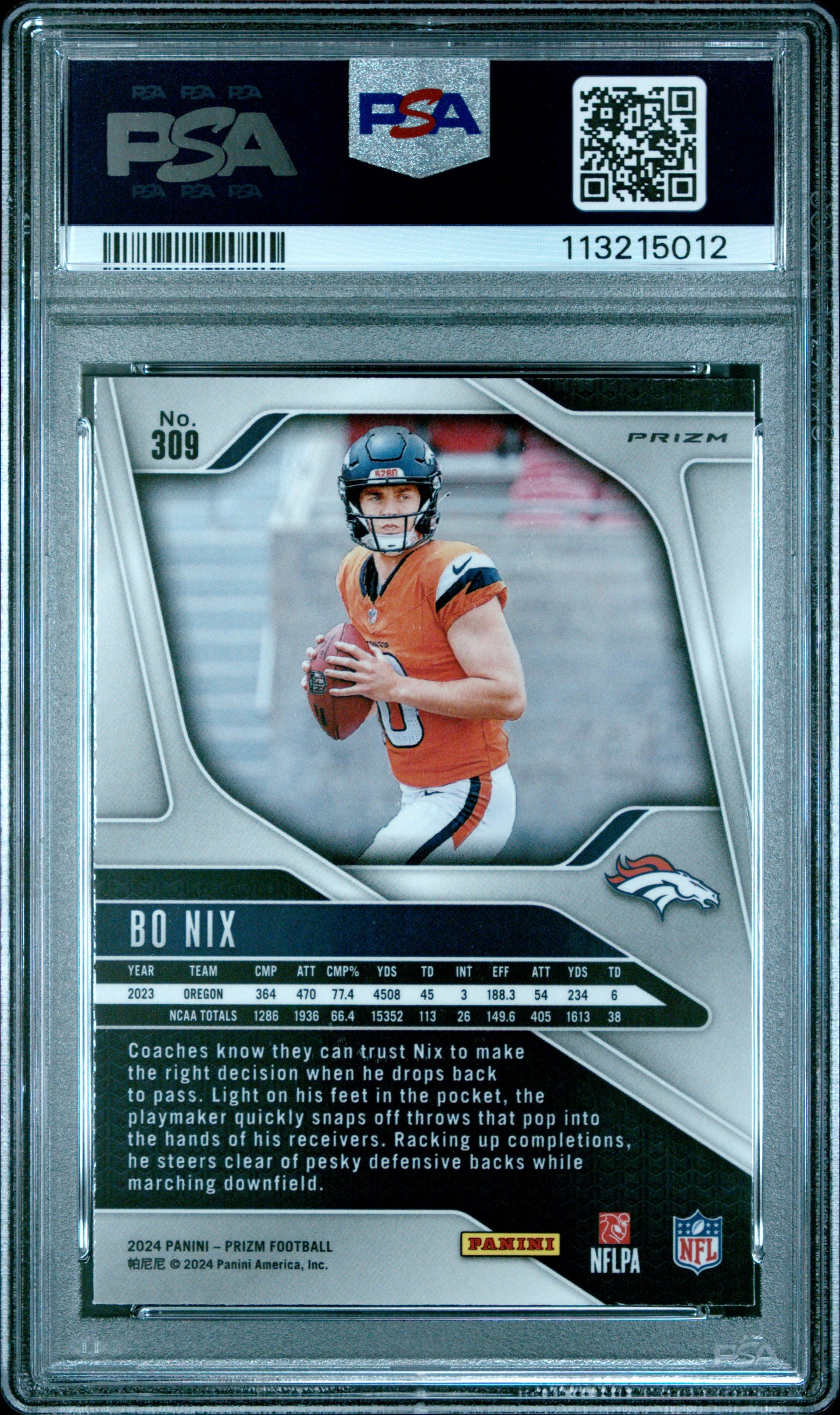 Bo Nix 2024 Panini Prizm Rookie #309 Pink Wave PSA 10 Gem Mint
